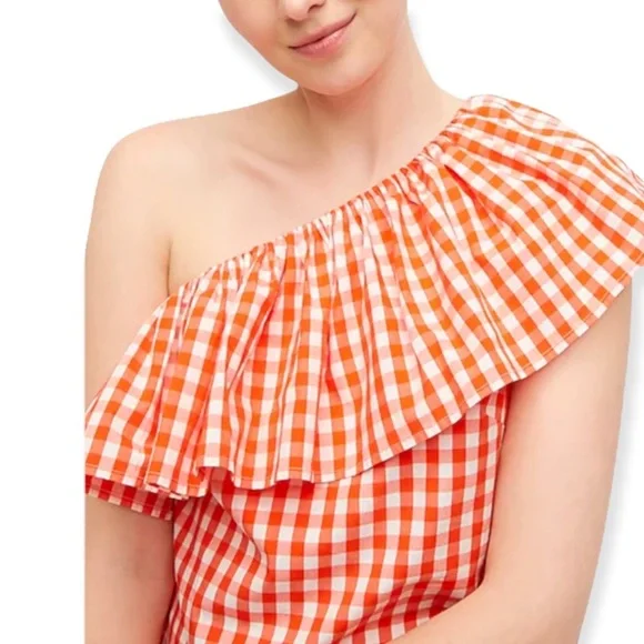 J. Crew XS Gingham Orange One Shoulder Top NWT - Picture 3 of 6